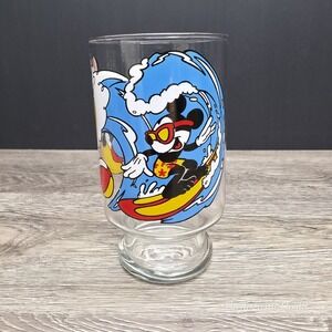 Vintage Disney Mickey and Minnie Mouse Surfing Glass Tumbler - 1980s